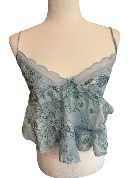 Intimately By Free People Tops - Intimately Free People Blue Floral Lace Trim Cami Tie Strap Boho Crop Tank Top L